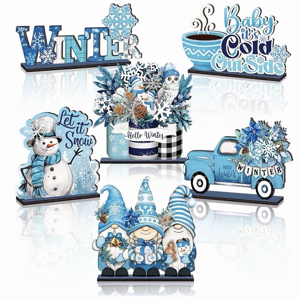 6 Pcs Winter Wooden Table Decorations Blue Wood Tabletop Sign Centerpiece Rustic